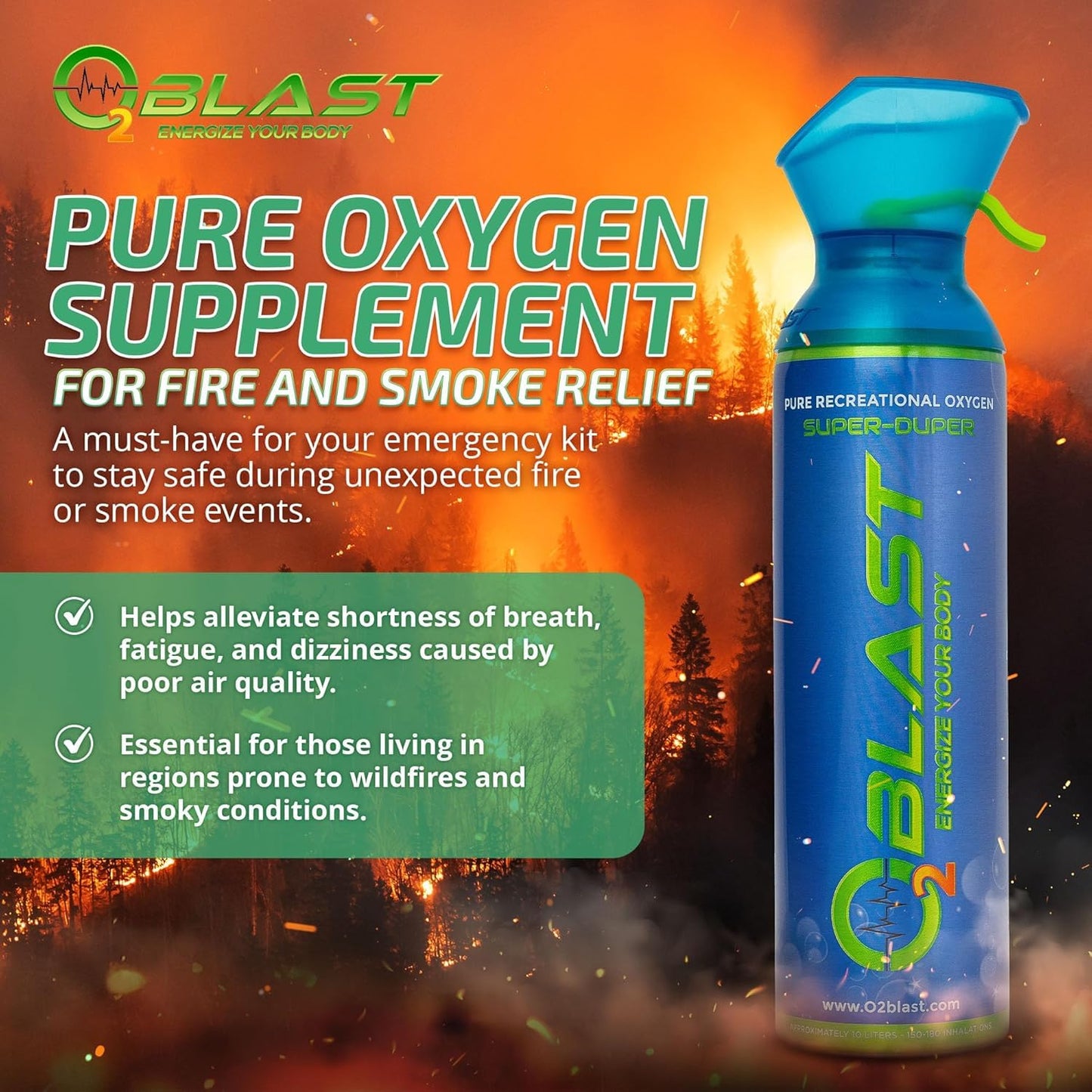 O2 Blast Portable Oxygen Tank - Canned air inhaler with 99.99% pure content, personal canister for breathing support, high altitude sports use, emergency kit, small portable tank with mask 10L, 2 Pack
