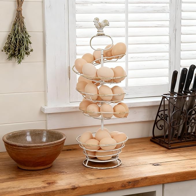 Vintage White Metal Spiral Egg Holder - Farmhouse Distressed Decor Egg Skelter Rack with Rooster Top, Storage Display Rack for Kitchen Countertop Decor (White with Gold)