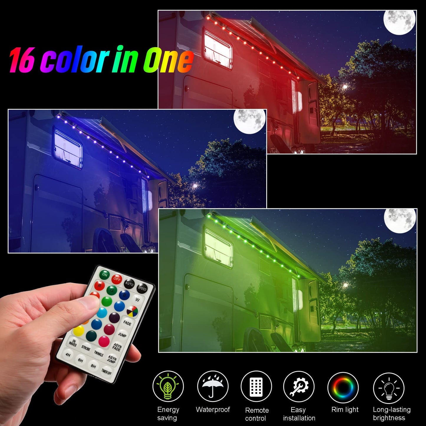 Waybelive LED RV Awning Lights, 16.4Ft Remote Control, 16 Color Options, Waterproof, DC 12V, Multicolor