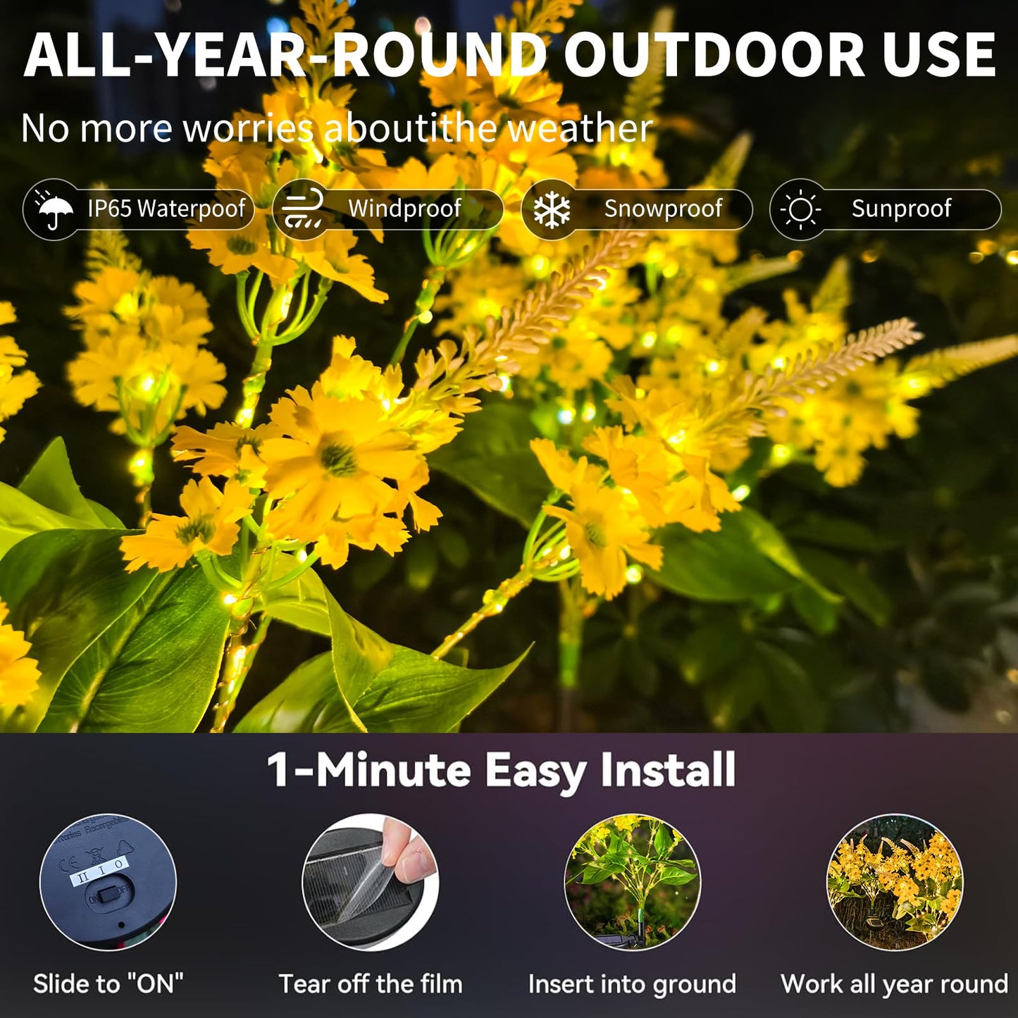 Neporal Solar Flowers - Outdoor Waterproof Decorative Garden Lights, 8-Stem, 2 Lighting Modes, Yellow