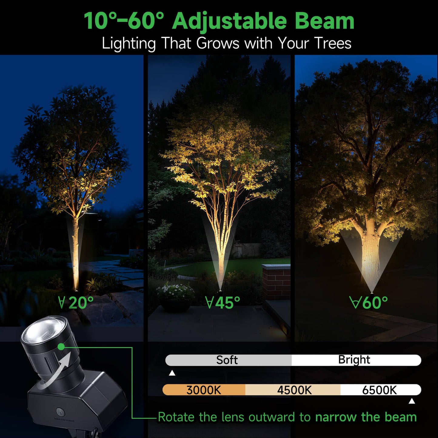 Varmtalys Solar Spot Lights Outdoor, Adjustable Angle Waterproof Landscape Spotlight, All Night LED Uplights Separate Panel, Warm & Daylight Selectable (3000k/4500k/6500k) for Tree Yard Garden 2 Pack