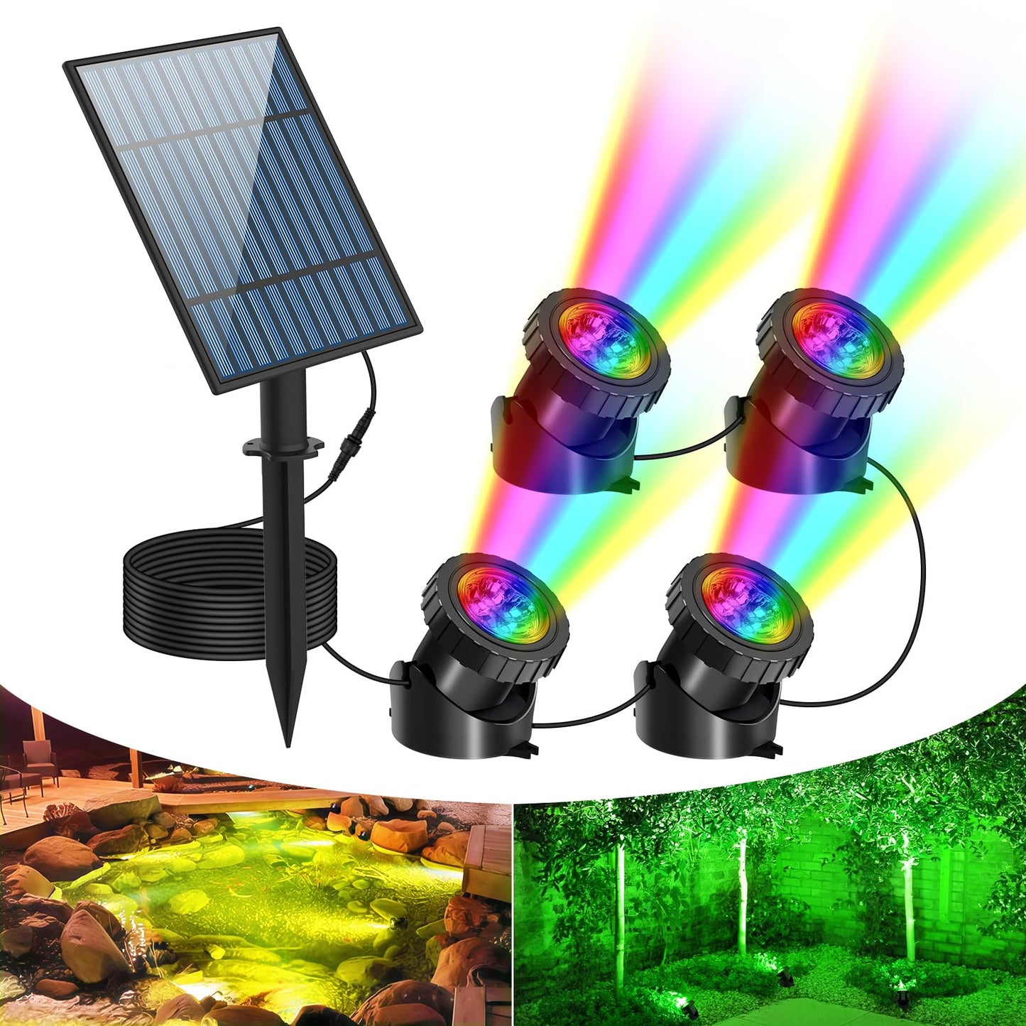 T-SUN Solar Pond Lights, 4-in-1 RGB Underwater Pond Light, Color Changing Submersible Fountain Lights, Solar Fish Tank Light Adj