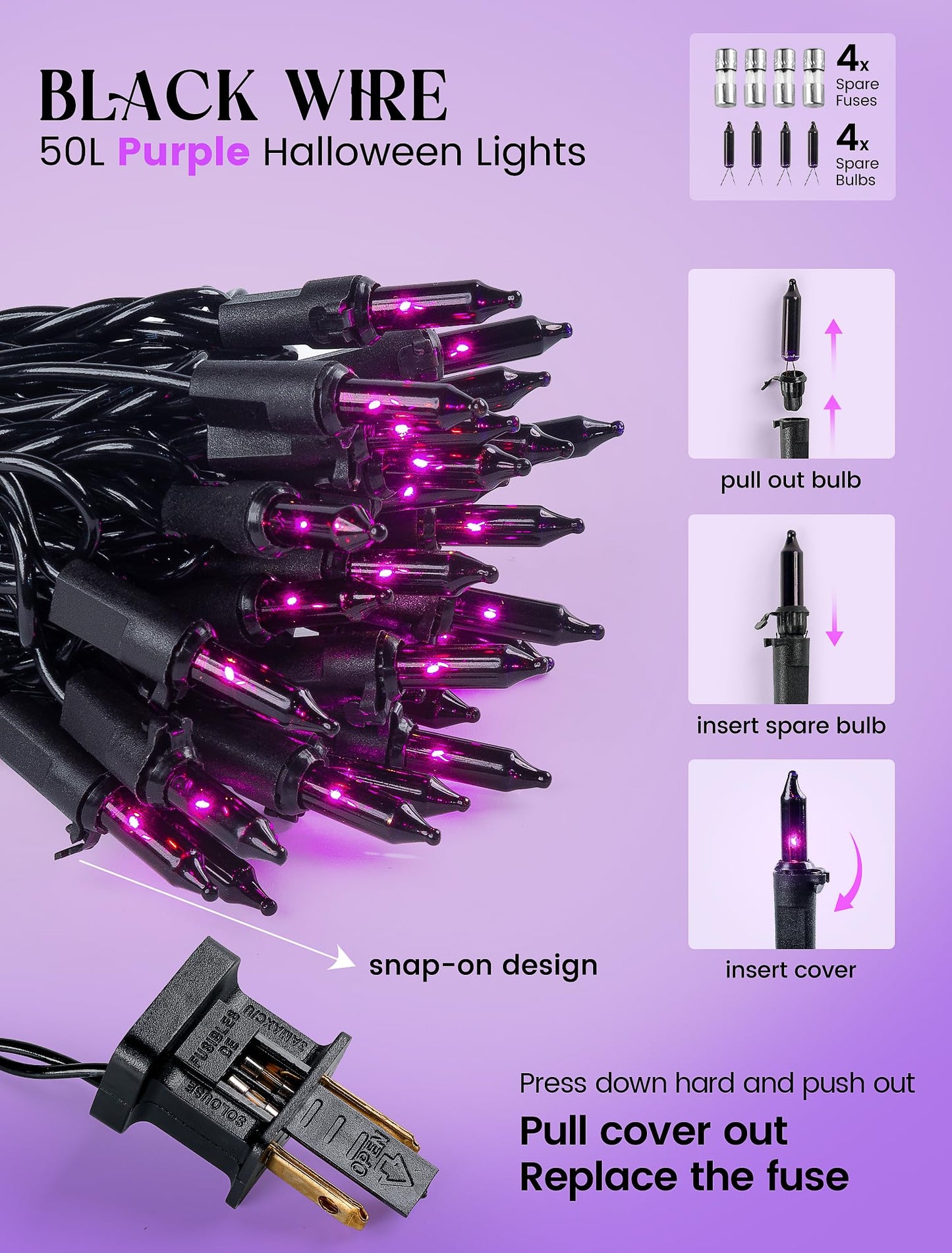 woohaha Purple String Lights Set, 50 Mini Fairy Lights, Plug-in, 11Ft for Halloween, Indoor, Home, Bedroom, Christmas Tree