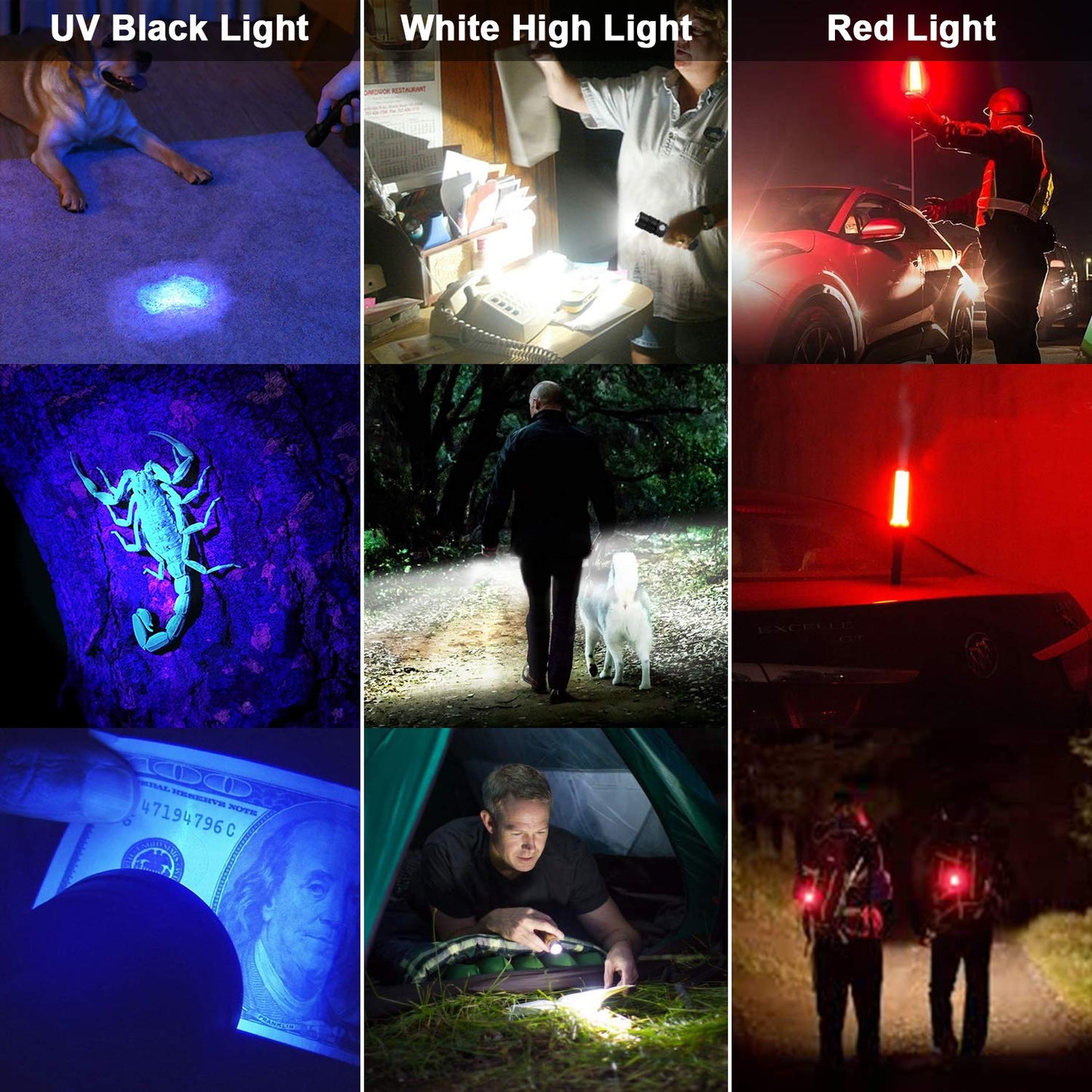 Spriak UV Flashlight Black Light, 2-Pack USB Rechargeable, 1000lm, Waterproof, 7 Modes, Zoomable, Aluminum, 2-Pack
