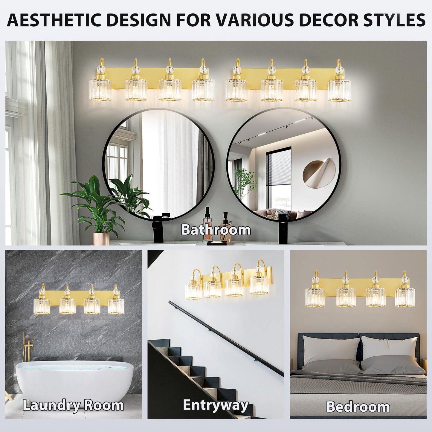 Diamondforge Bathroom Vanity Light Fixtures Over Mirror - Makeup Lighting Pure Gold - For Modern Wall  Bath  Desk  Farmhouse  Hallway - 4 Crystal Lights