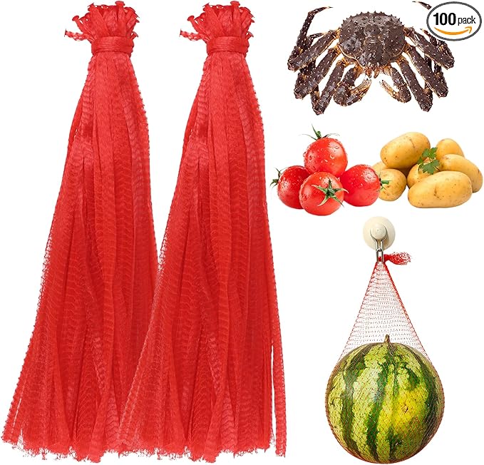 100Pcs Produce Mesh Bags,20 Inch Seafood Boil Bags Packing Supplies Net,Reusable Mesh Nylon Netting Bulk Storage Bag for vegetables Storage Fruits Seafood and Other Agricultural Products(Red)