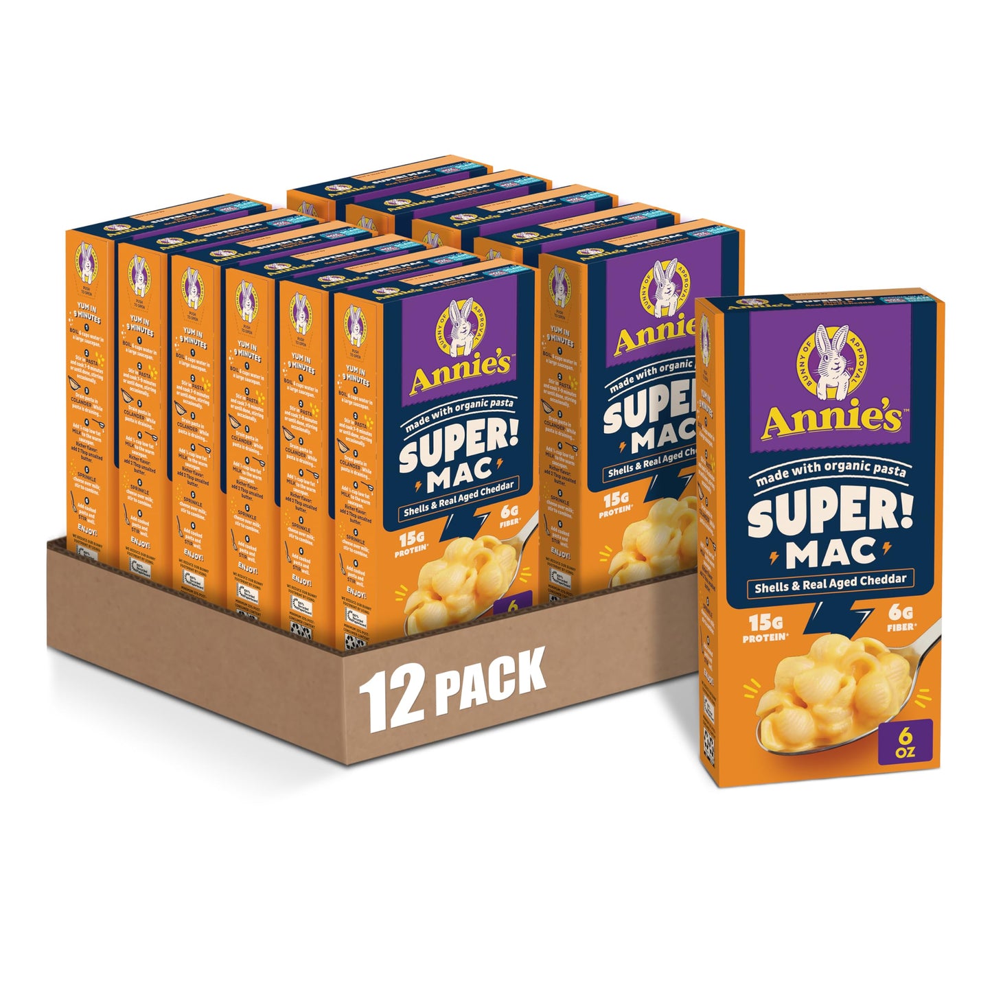 Annie s Super! Mac, Protein Macaroni And Cheese Dinner, Shells & Real Aged Cheddar, 6 oz. (Pack of 12)