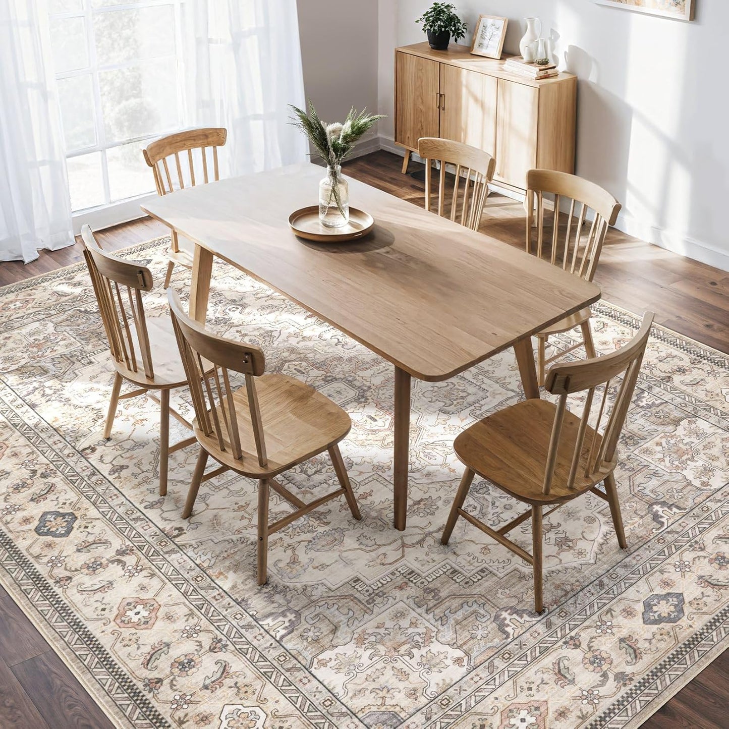Washable Area Rugs for Living Room - 10x14 Neutral Vintage Distressed Floral Farmhouse Boho Large Soft Floor Rug Indoor Non Slip Carpet for Bedroom Dining Room Office - Brown/Multi