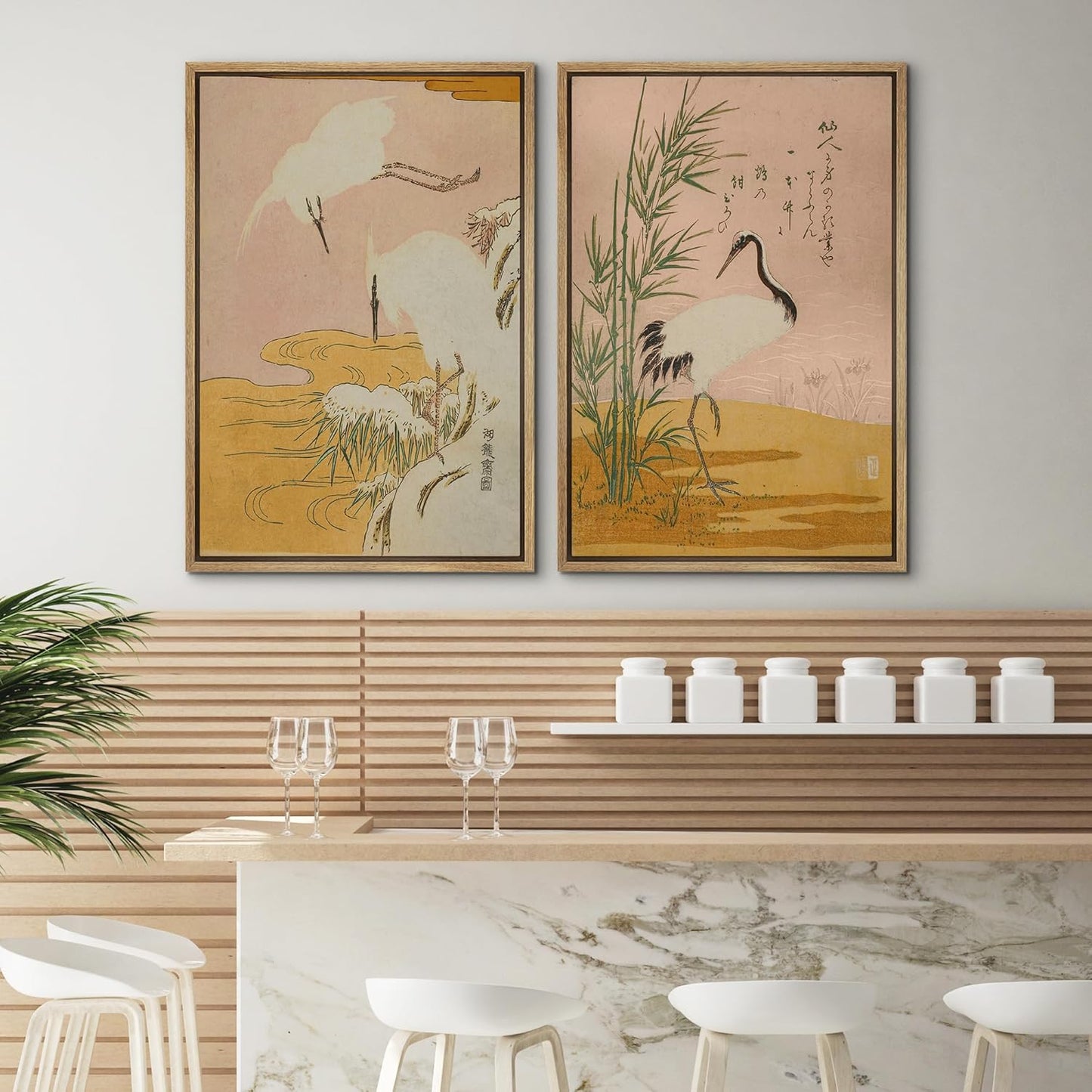 SIGNWIN Framed Canvas Print Wall Art Set Japanese Crane Vintage Style Bird and Bamboo Illustrations Modern Art Rustic Minimal for Living Room, Bedroom, Office - 16"x24"x2 Natural
