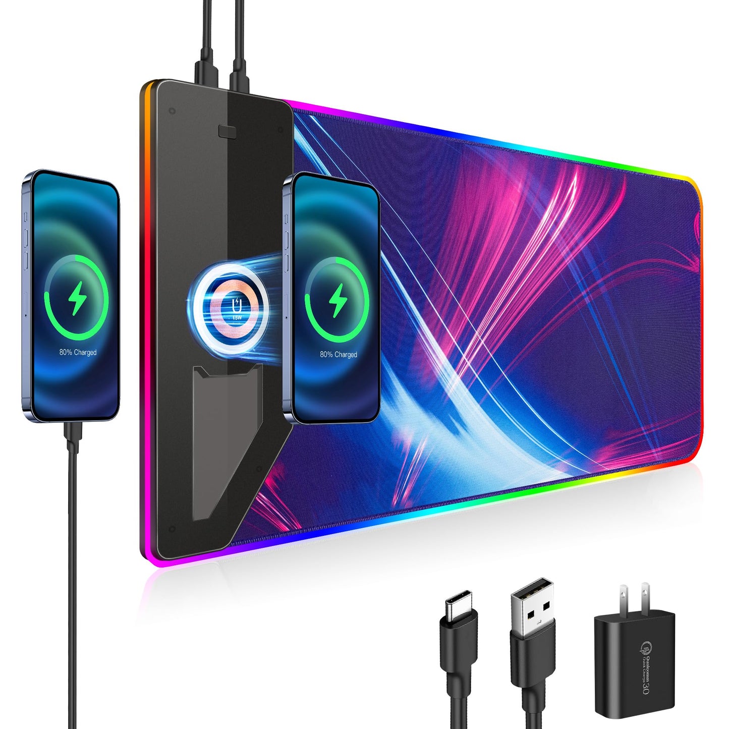 TMEHM Music Mouse Pad,RGB Mousepad Led Mouse Pad,15W Fast Wireless Charging Desk Pad,Premium Microfiber Cloth,Non-Slip Base,256 Light Modes Keyboard Pad