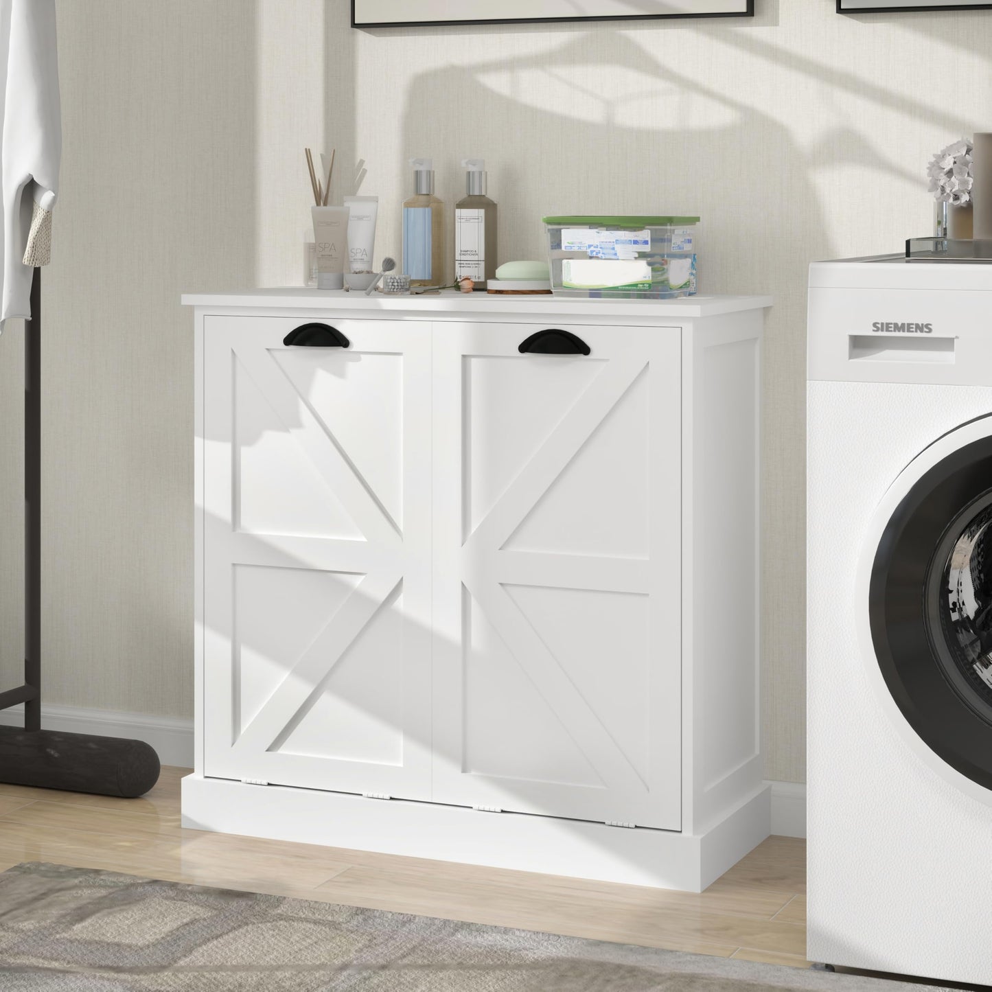 agnixnaf Two-Compartment Tilt-Out Laundry Sorter Cabinet with Removable Cloth Bags,Laundry Room Organization,UV Painting Cabinet for Laundry Room,Bathroom,Utility Room-White