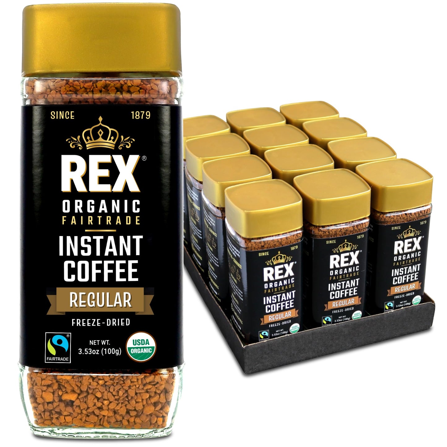 Rex Coffee Organic Fairtrade Freeze-Dried Instant Coffee - Medium Roast Arabica, 3.53 oz Glass Jar (Pack of 12)