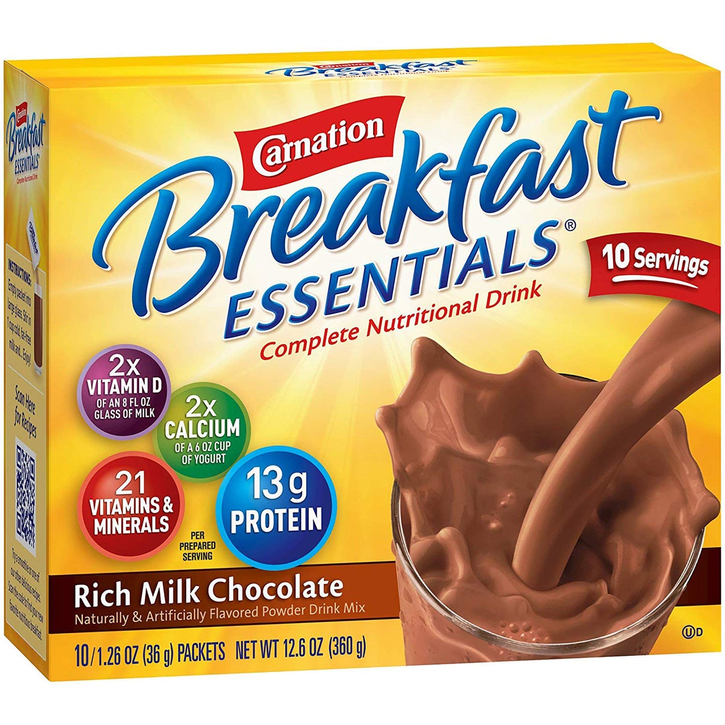 Nestle Carnation Breakfast Essentials Complete Nutritional Drink Chocolate 1.26 oz. Packet 10 Ct