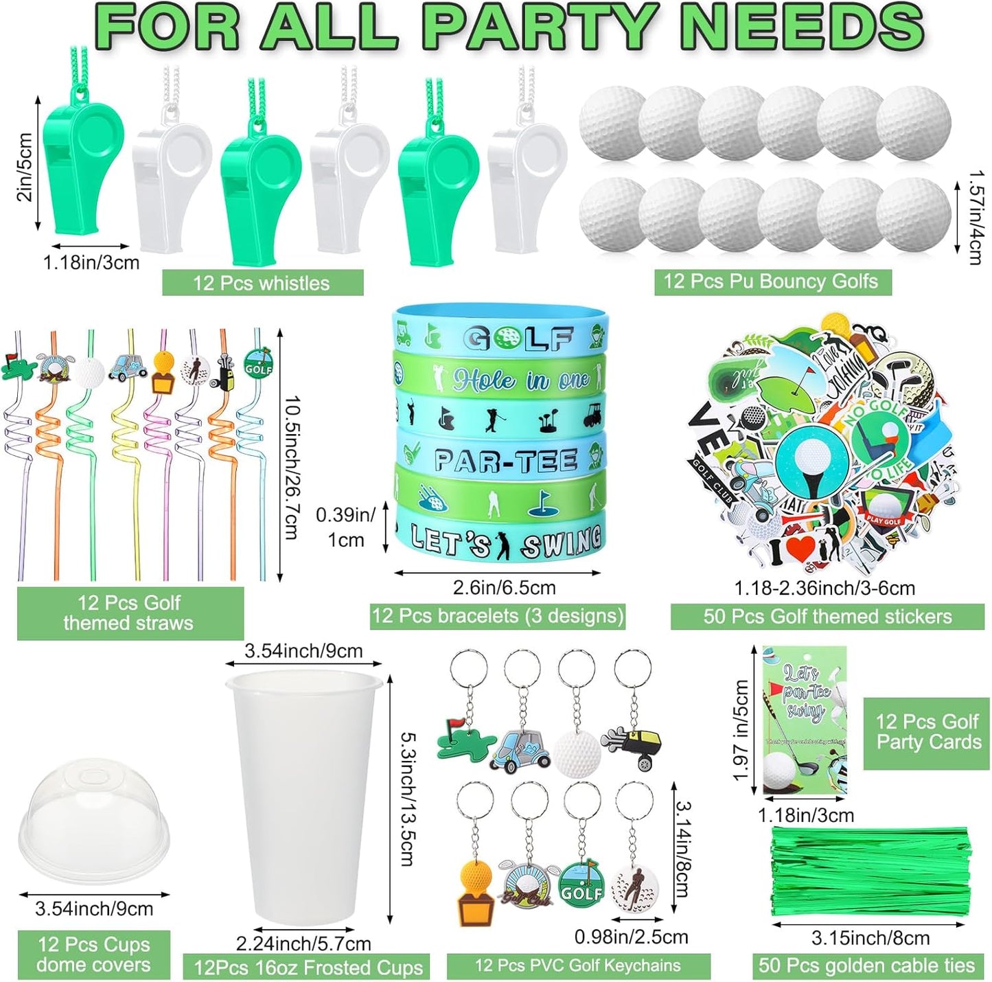 Weysat 184 Pcs Golf Party Favors Party Supplies with Cup Straw Stress Ball Keychain Sticker Bracelet Whistle Thank You Tags for Birthday Decorations (Golf )