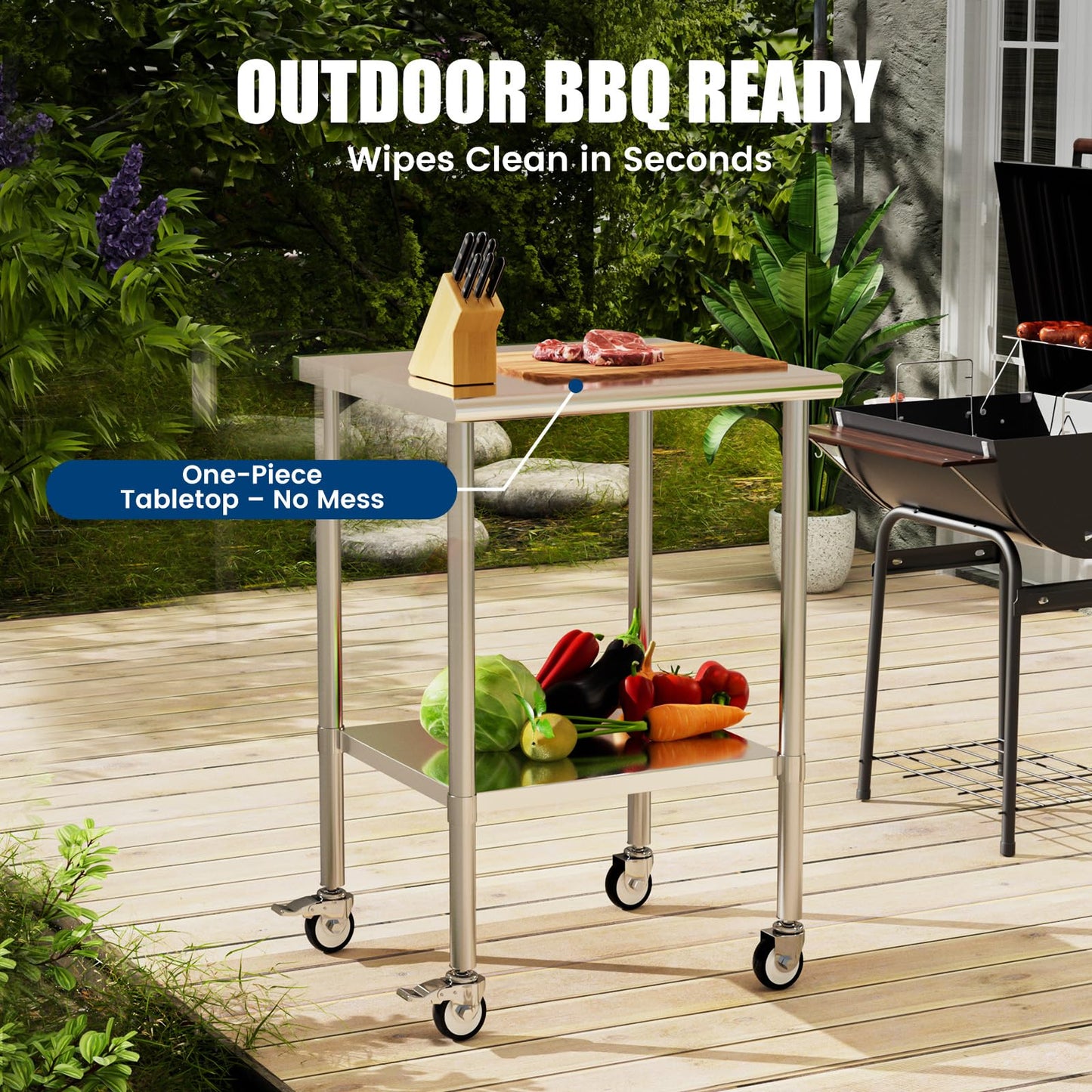 Chingoo Stainless Steel Work Table with Wheels, 24x24 Inch NSF Kitchen Prep Table with Adjustable Undershelf for Commercial Restaurant, Garage, Outdoor BBQ