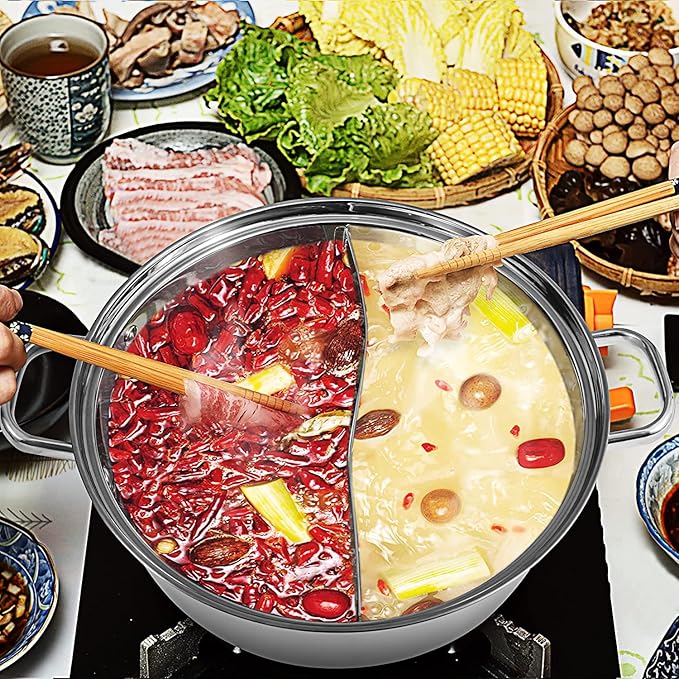 Electric Dual Sided Shabu Shabu Divider Hot Pot with Burner and Glass Lid, 5.0L, Stainless Steel with Multi Control