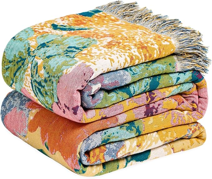 MSGKV Boho Throw Blanket for Couch 50"x60" Cotton Floral Blankets for Sofa Chair All Seasons Lightweight Muslin Breathable Farmhouse Home Decor