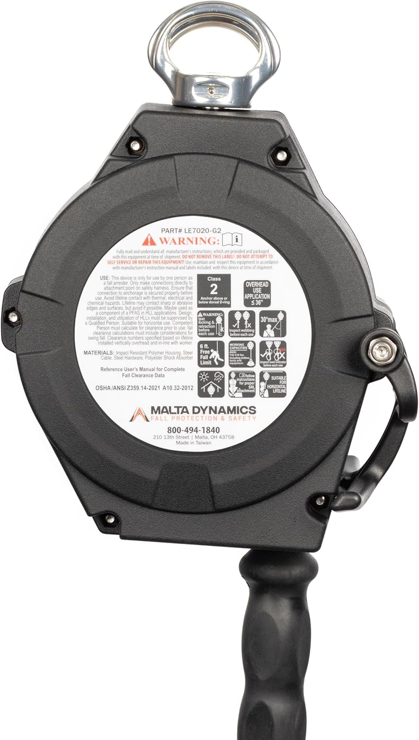 Malta Dynamics Edgehog Self Retracting Lifeline – 20’ Leading Edge Fall Protection Yoyo Cable, Class 2 Retractable Lanyard with Quick-Action Brake, OSHA and ANSI Compliant Safety Lanyard