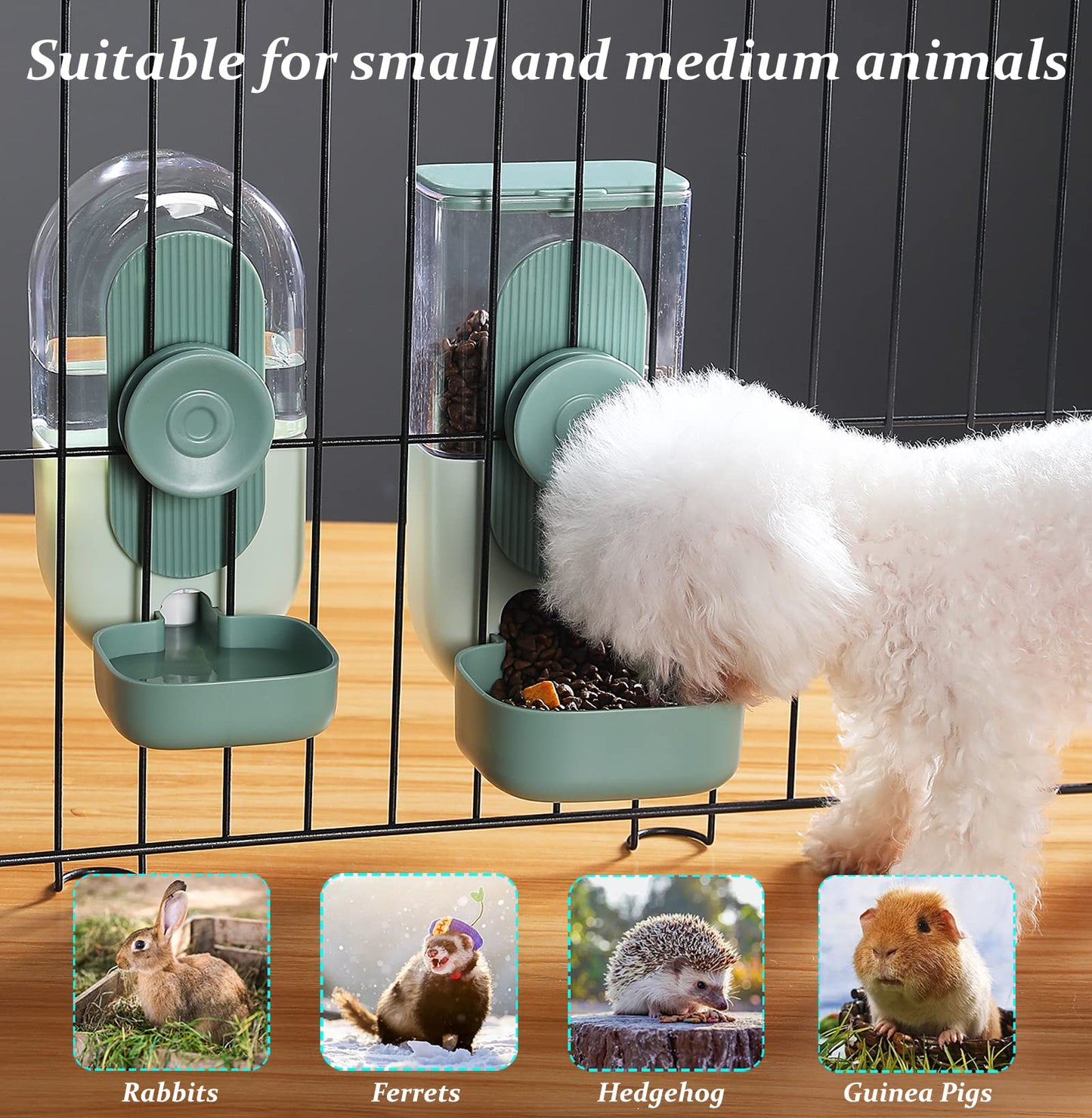 Kenond 35oz Hanging Automatic Pet Food Water Dispenser, Auto Gravity Pet Feeder and Waterer Set, Cage Cat Food Bowl Dog Feeding Station for Puppy and Kitten Rabbit Chinchilla Hedgehog Ferret (Green)
