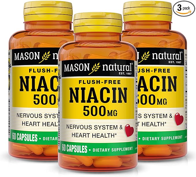 MASON NATURAL Niacin 500 mg Flush-Free, Supports Heart Health, Nervous System & Energy Production, 60 Capsules, Pack of 3