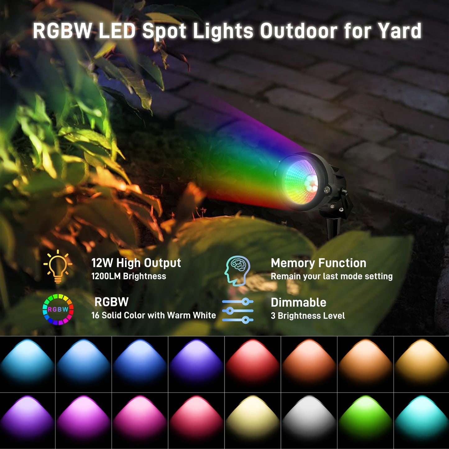 UPONELED RGBW Outdoor Spotlights, 12W IP65 Waterproof Landscape Lighting with Remote, 8Pack, Black, Model FBAUPDCD-120V