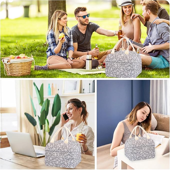 Cotton Quilted Insulated Lunch Bag, Cute Quilted Floral Lunch Tote Bags Reusable Insulated Lunch Box Coquette Aesthetic Large Capacity Insulated Cooler for Women Work Travel Picnic (Grey)