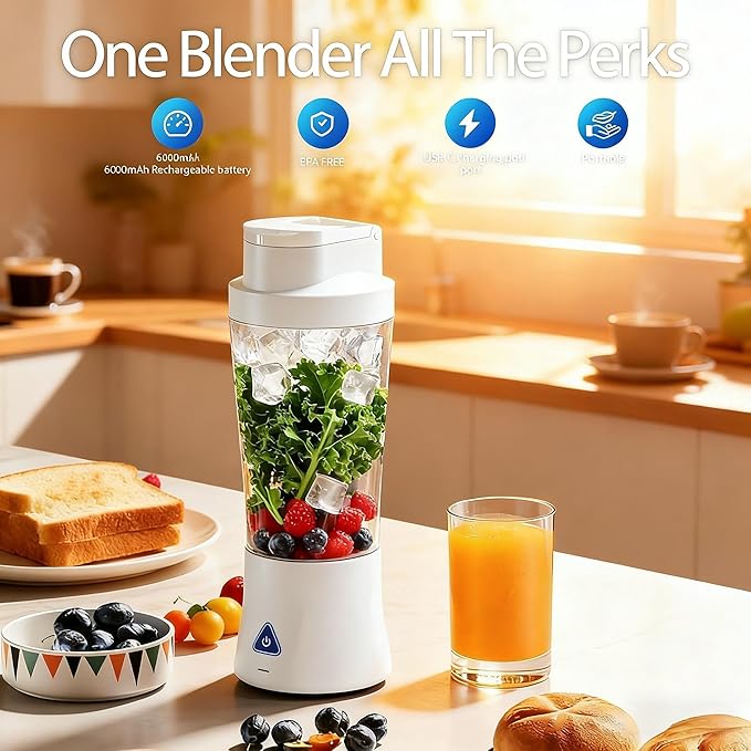 TorqueHome 3-in-1 Portable Blender Cup - 24oz Cordless Personal Blender, USB-C Rechargeable, Self-Cleaning, Leakproof Tumbler with Lid, for Making Smoothies Shakes Protein Drinks, BPA Free (white)
