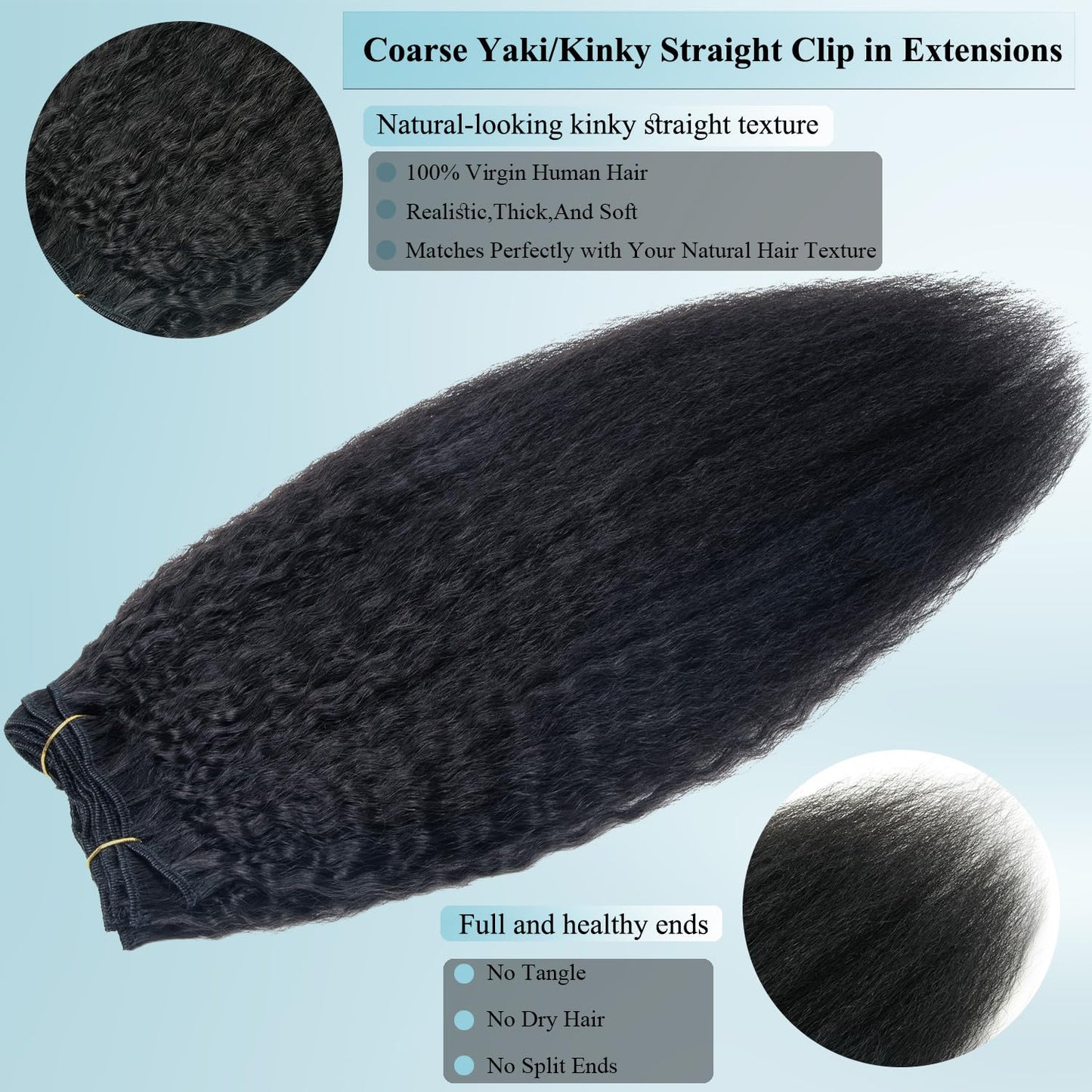 CiTake Jet Black Yaki Straight Clip in Hair Extensions Real Human Hair 20 Inch 100g/8pcs Double Weft 10A Brazilian Kinky Straigh