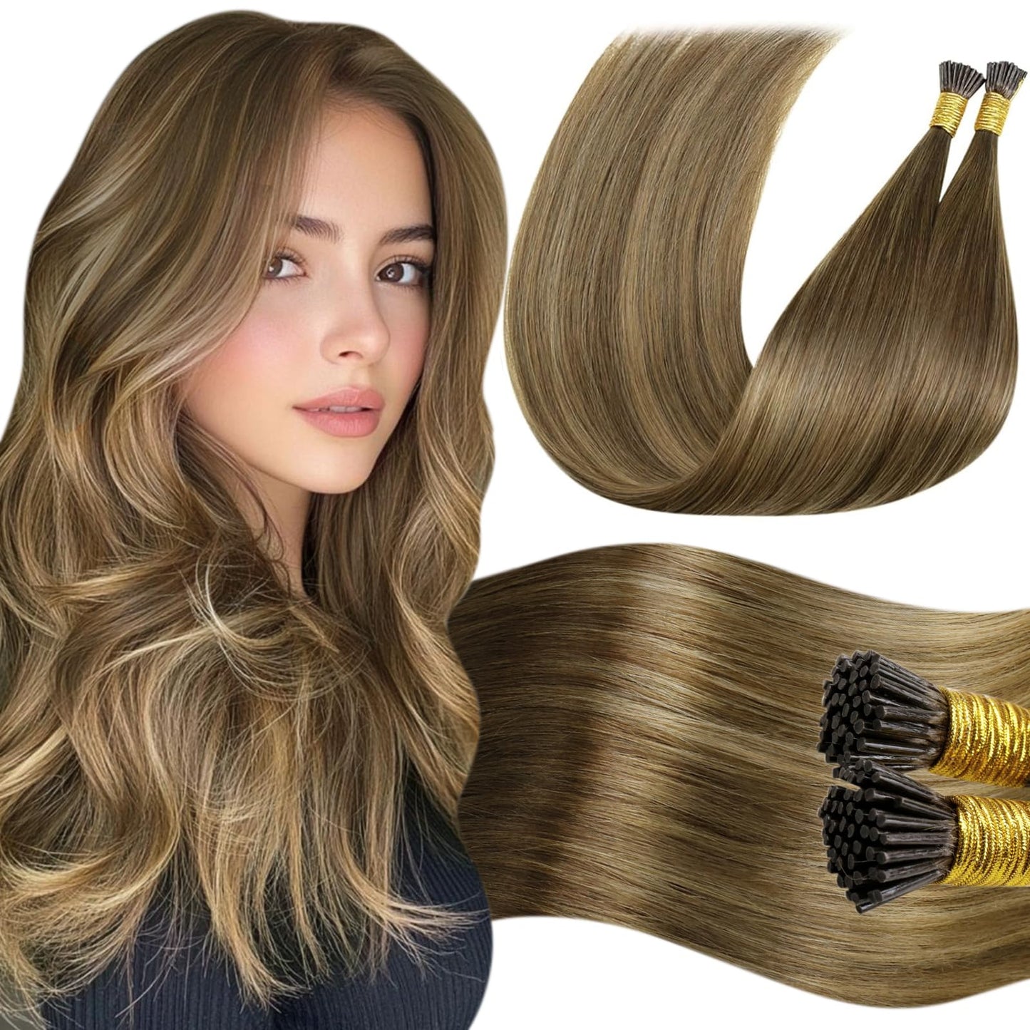 LaaVoo Itip Human Hair Extensions Balayage Brown Ombre Light Brown to Golden Brown 80s I Tips Hair Extensions Real Human Hair Ba
