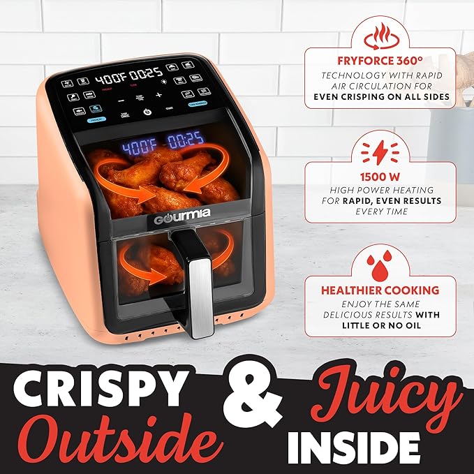 Gourmia Air Fryer 7 QT - Easy View Panoramic Window & Interior Light, Guided Cooking with 12 One-Touch Presets, FryForce 360, Dishwasher Safe Accessories, Peach