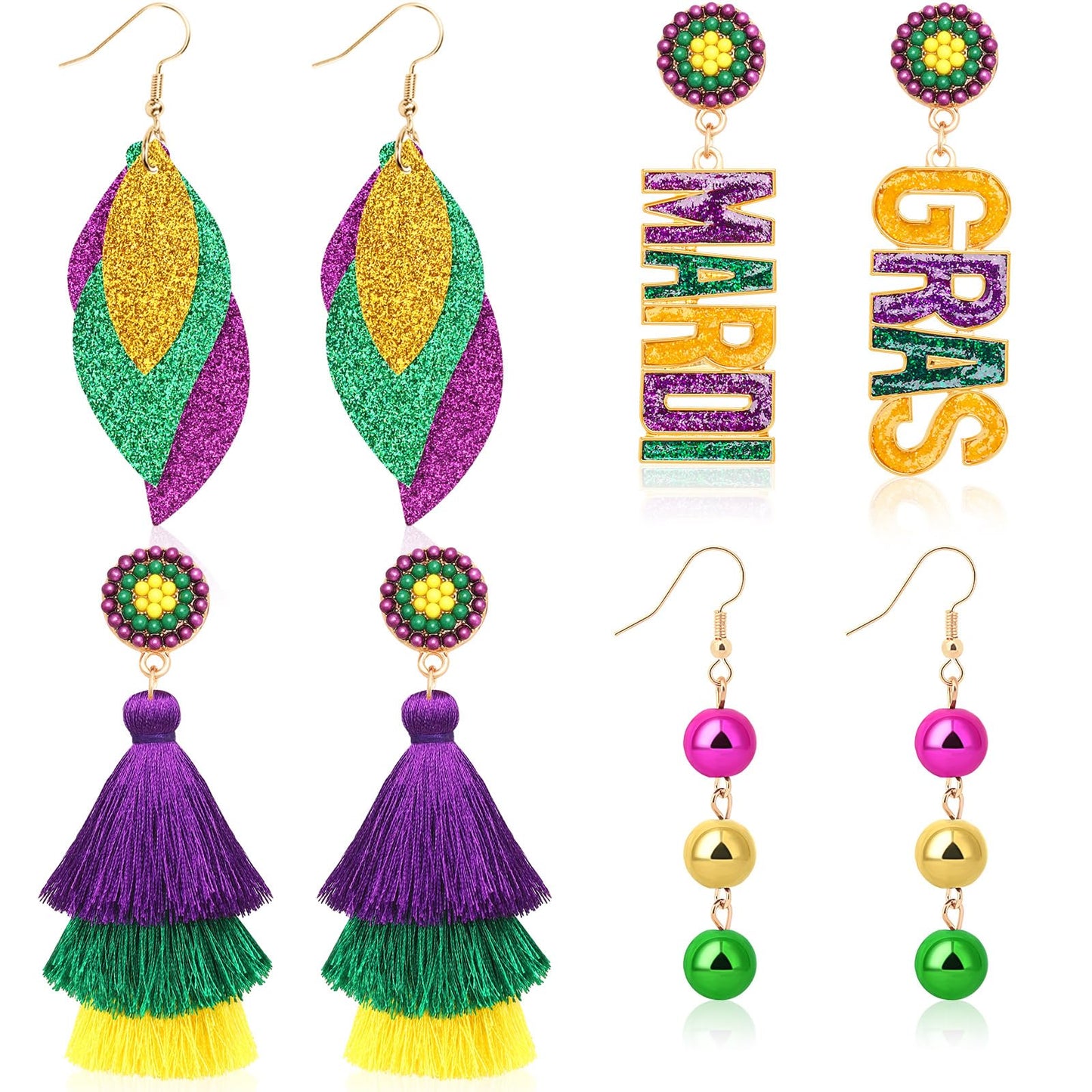 DTOFOOT 4 Pairs Mardi Gras Enamel Earrings for Women Carnival Stud Earrings Beaded Mask Fleur De Lis Crown Drop Dangle Set for P
