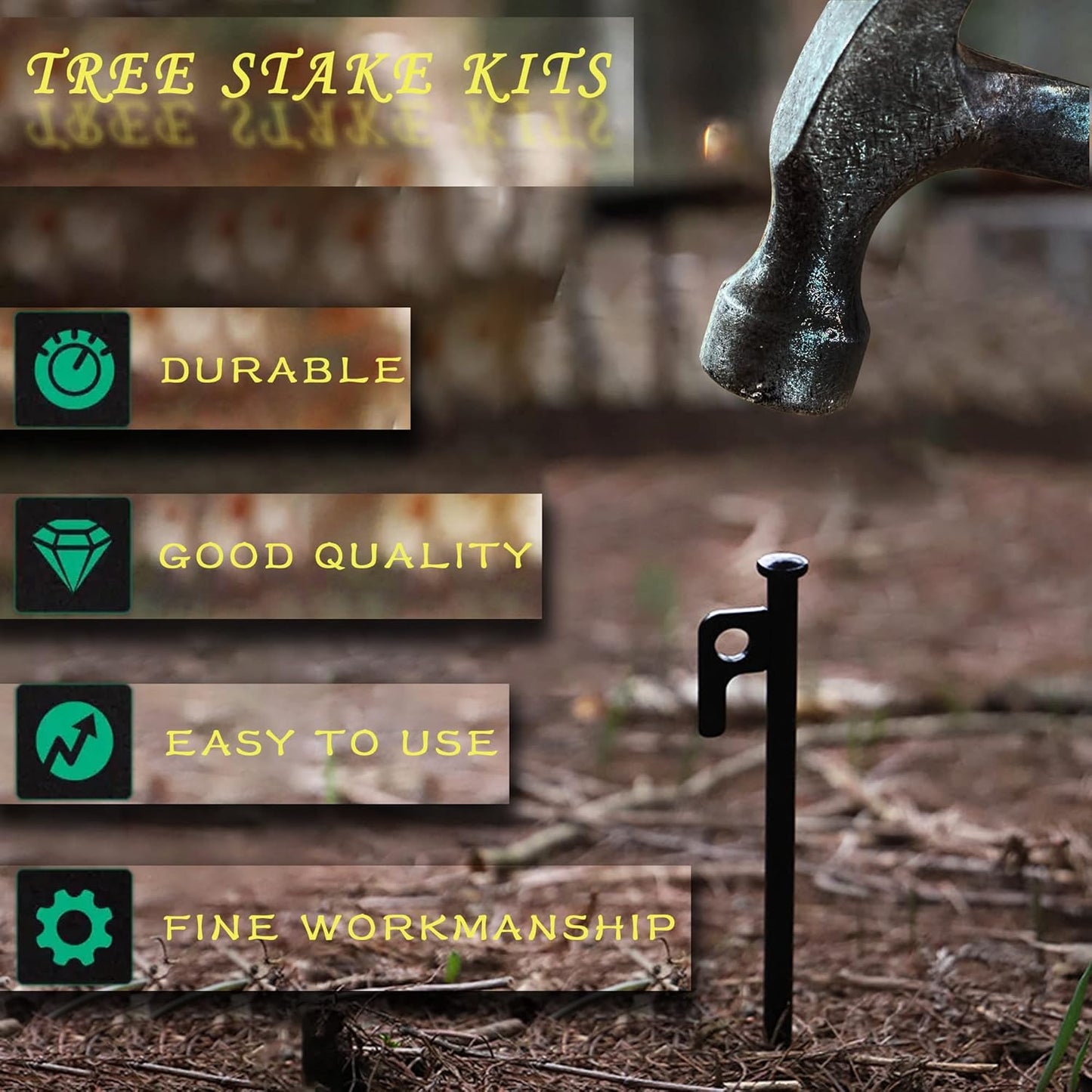 Tree Stake Kits, Tree Stakes and Supports Kits for Hurricane Protection & Bad Weather, Include 3 PCS 11.8" Heavy Duty Steel Tree Stakes, 3 PCS 15.8" Tree Straps and 50 FT Rope