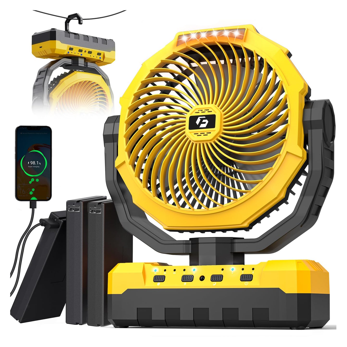 36000Mah Portable Camping Fan - 150Hrs Rechargeable Fan With Detachable Battery With Led & Remote - 4 Speeds Battery Powered For