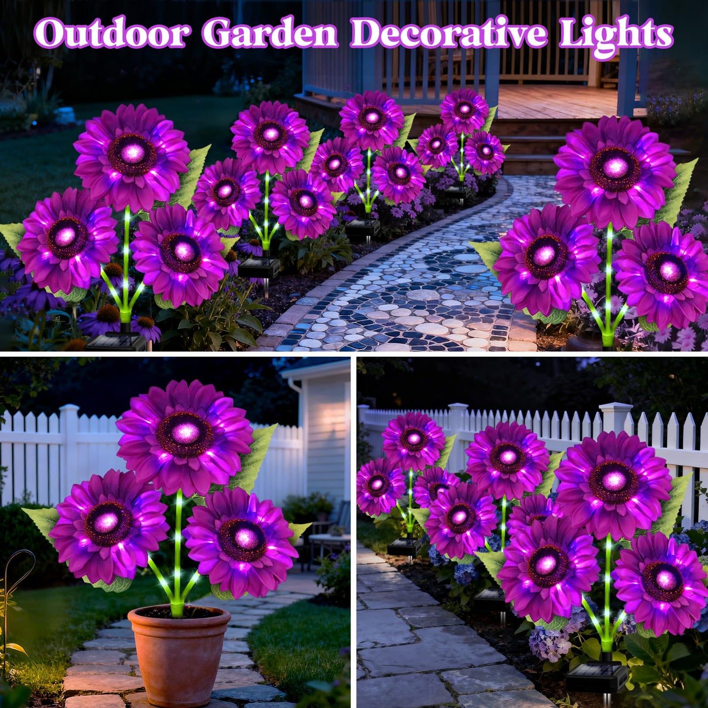 Solar Garden Lights Outdoor  3 Pack Sunflower Lights With 9 Large Purple Sunflower  Waterproof Garden Decor  Birthday Gifts For Mom Grandma  Decorative Solar Flowers For Pathway Patio Yard Decoration