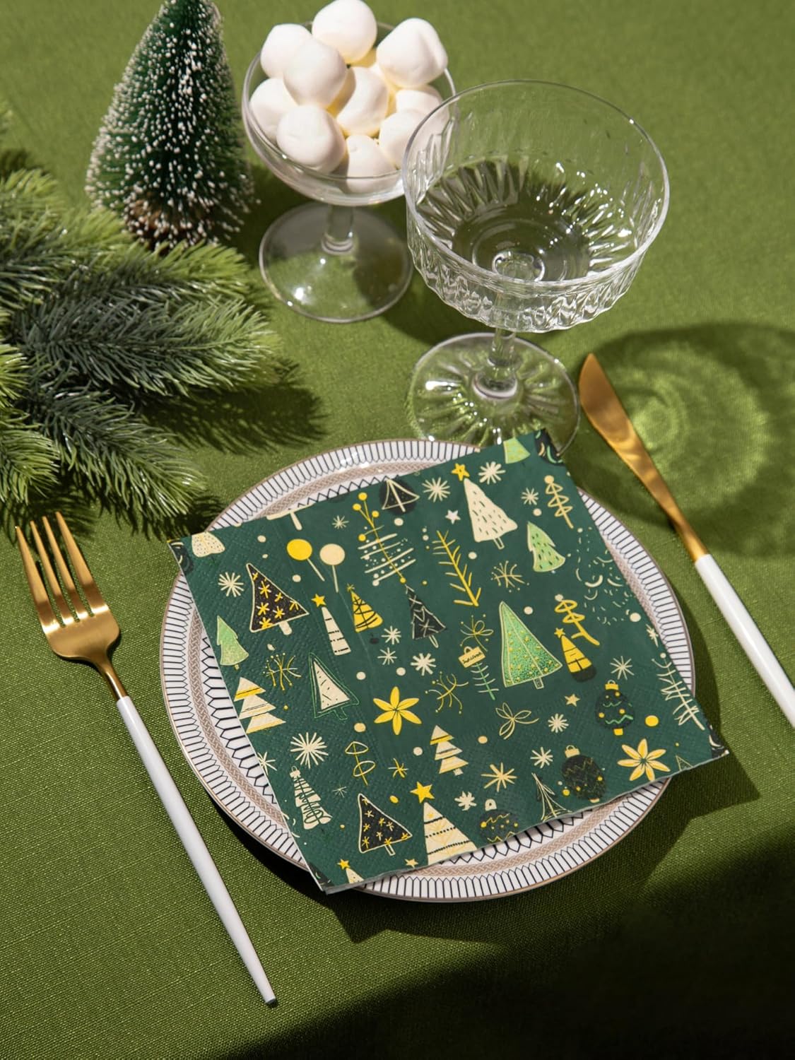 Premium Designer Paper Napkins, 3-Ply 6.5 x 6.5-inches Fold Disposable Decorative Winter Guest Christmas Holly Green Festive New Year Tree Party Lunch Dinner Napkin (50, Festive Green)