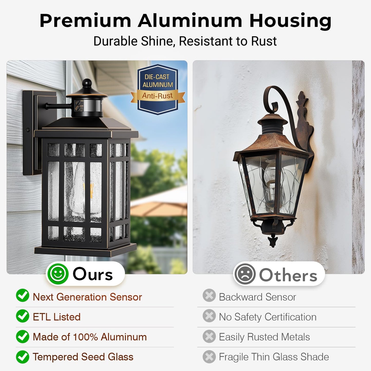 Distance-Adjustable Outdoor Lights For House  Modern Black Motion Sensor Outdoor Light With Gold Trim  Waterproof Dusk To Dawn Exterior Lighting Fixtures  Anti-Rust Outdoor Lanterns For Porch  Garage