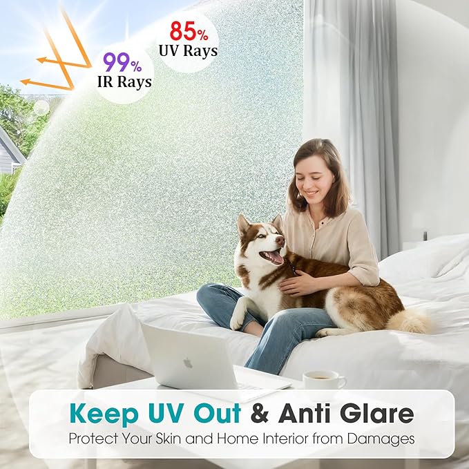 Coavas Window Privacy Film Frosted Glass Static Clings, Decorative Bathroom Door Privacy Film Day and Night, Heat UV Blocking Anti-Glare Frosting Stickers Renter Non-Adhesive, 23.6 x157.5 Inch, Silver