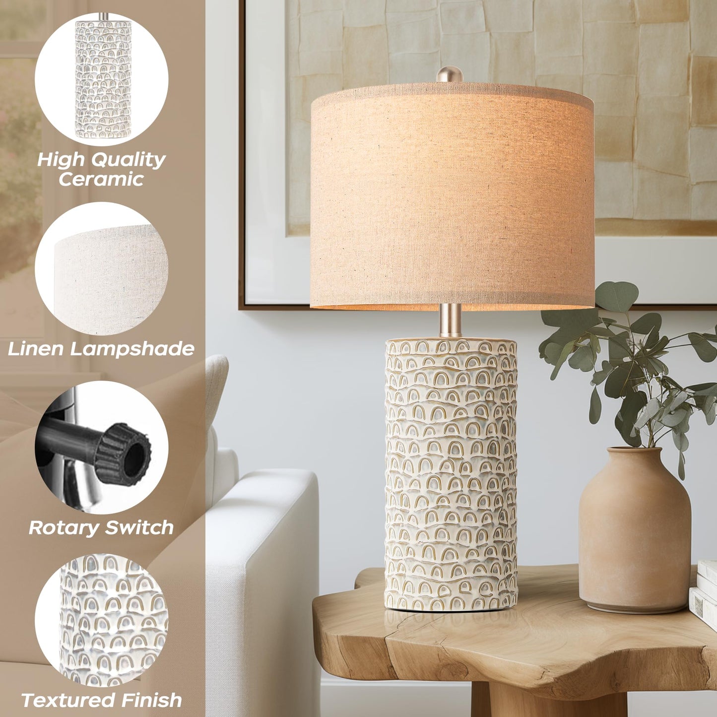 Partphoner Ceramic Table Lamp Set Of 2, 23 Grey & White Rustic Farmhouse Nightstand Lamps, Model Str-Dl-0005