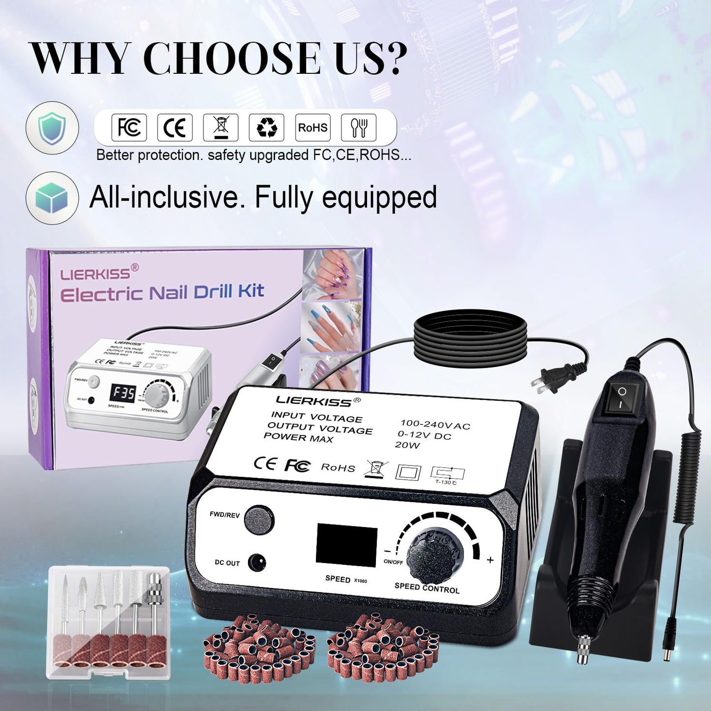 LIERKISS Nail Drill 35000RPM Electric Nail File Professional Dril Nails with 100pcs Sanding Bands and Nail Drill Bits for Acryli