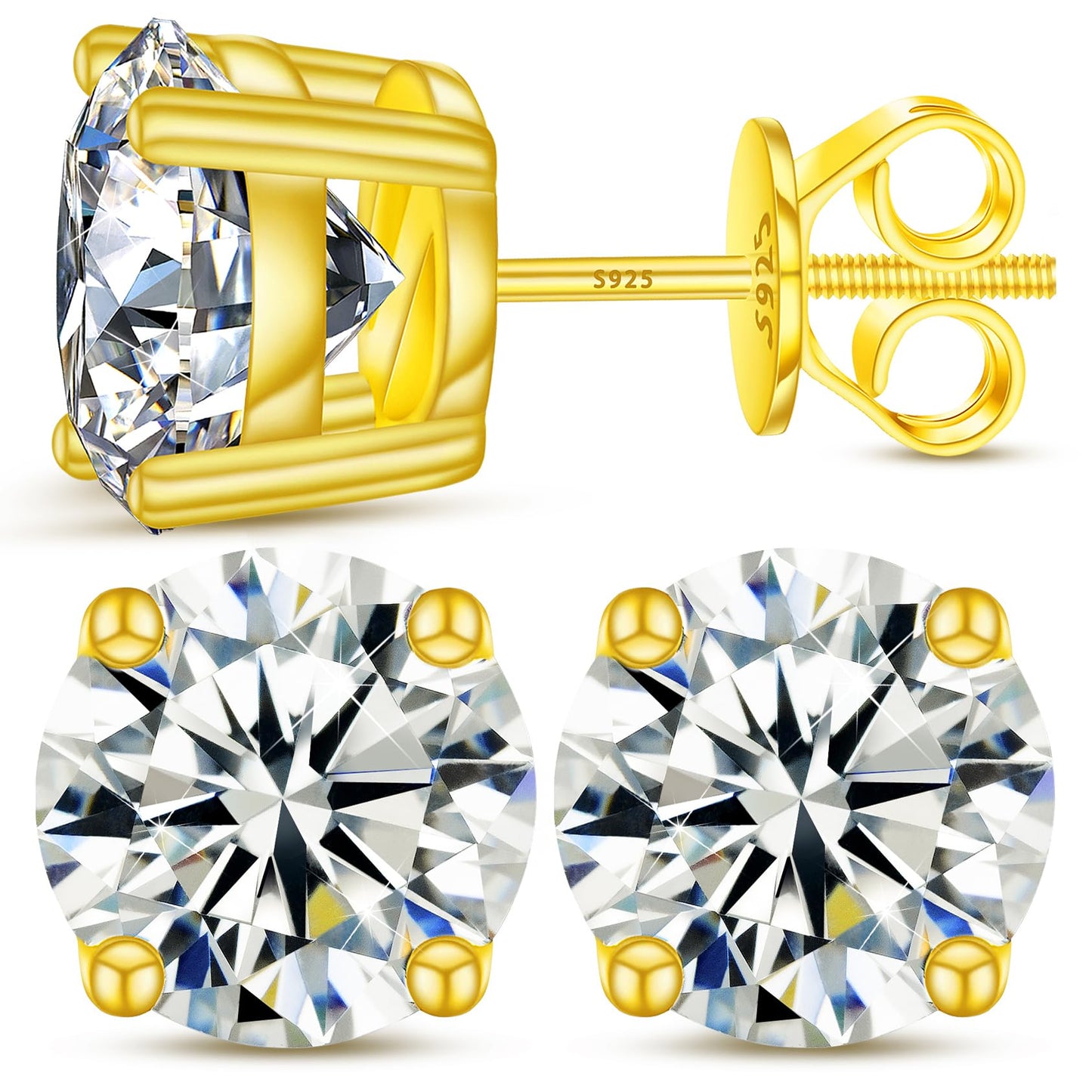 Moissanite Earrings Screw Back 8 Carats 10mm Moissanite Stud Earrings for Women, 18k Yellow Gold Plated S925 Sterling Silver Men