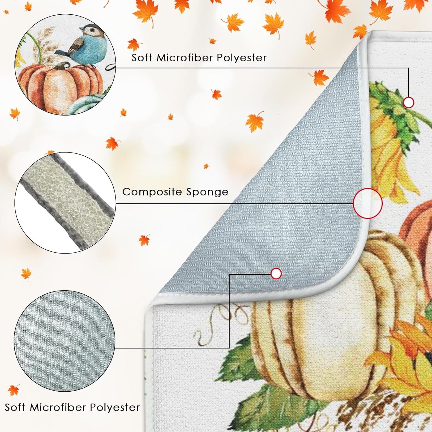 Sanwarm Absorbent Dish Drying Mat, Happy Fall Pumpkin Microfiber Pad for Kitchen Counter, Autumn Thanksgiving Fruit for Coffee Bar Decor, Heat Resistant and Reversible, 18" x 24"