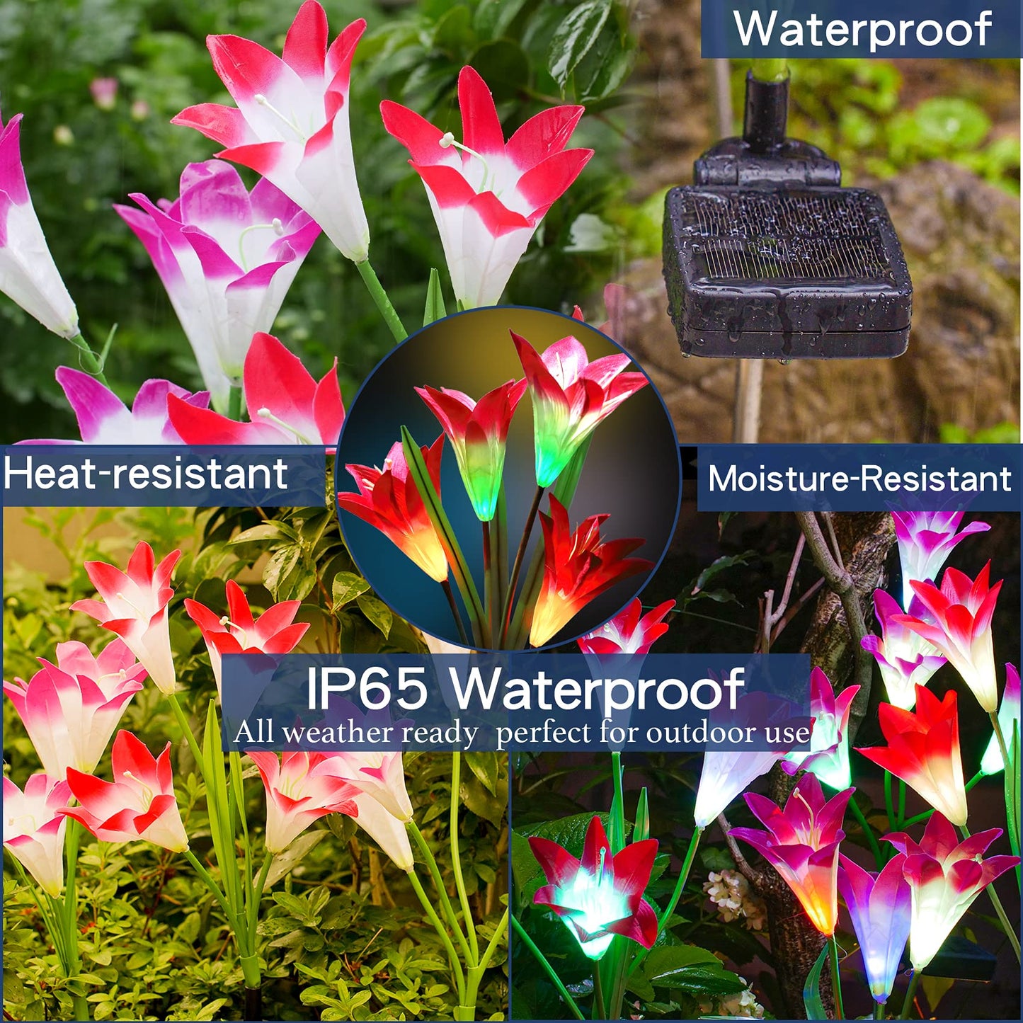 Tonulax Solar Garden Lights - Upgraded Multi-Color Lily Lights, 4 Pack With Bigger Flower & Wider Solar Panel, Red & Purple & White