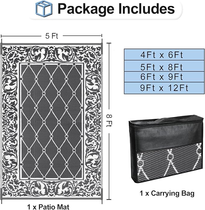 OutdoorLines Indoor Outdoor Rugs for Patio 5x8 ft - Reversible Outside Carpet, Stain & UV Resistant Portable RV Mats, Plastic Straw Rug for Camping, Pool Deck, Porch Rhombus Gray & White
