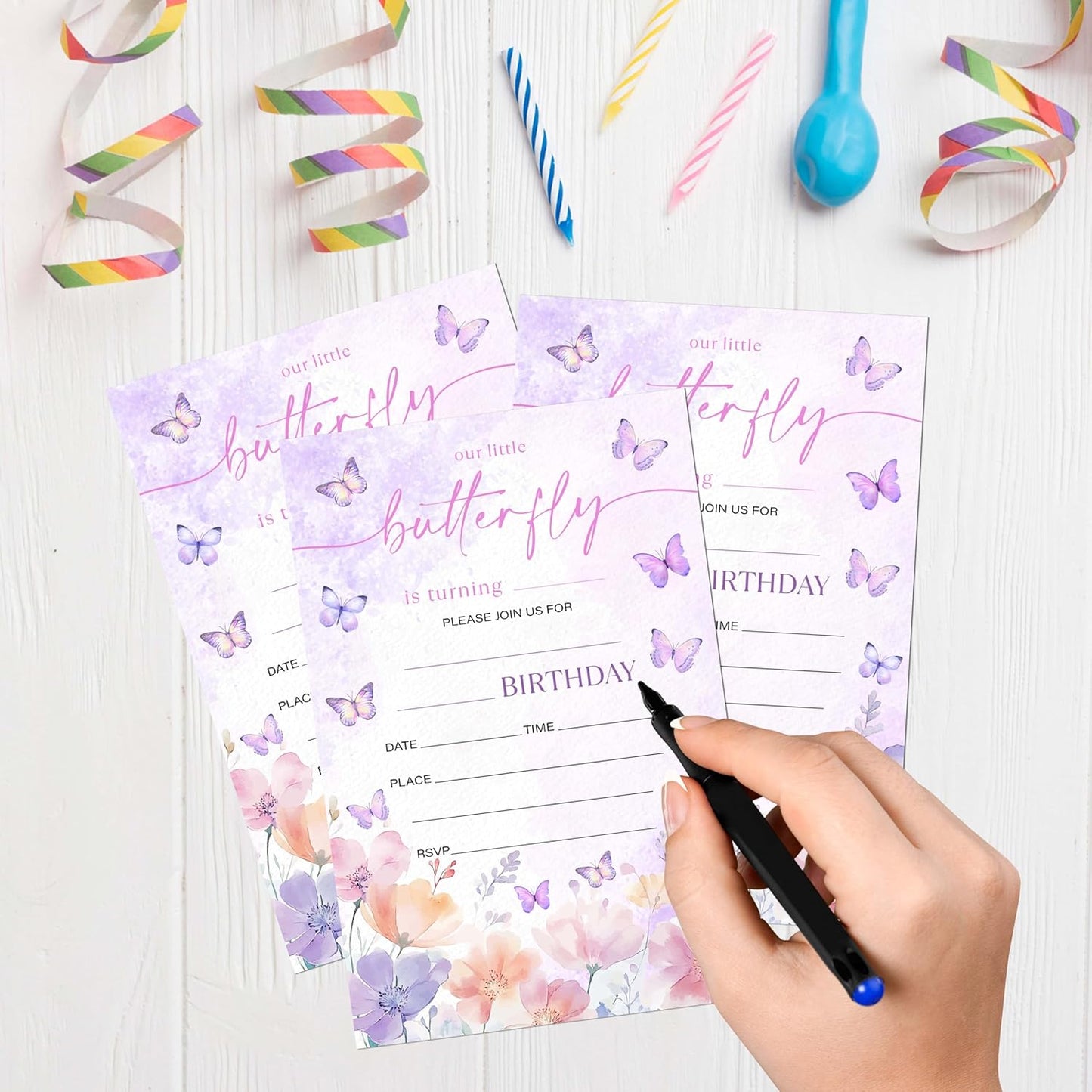Butterfly Birthday Invitations, 20 Invitation Cards with Envelopes, Purple Floral Invites for Girl Party Decorations Favor Supplies - A01