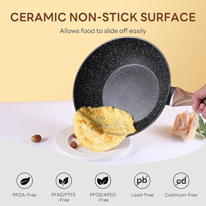 NEWBULIG Cookware Set, Nonstick & Non-Toxic Pots and Pans with Stay-Cool Handles, Induction Compatible, Black, 17 Pieces(6 Pot)