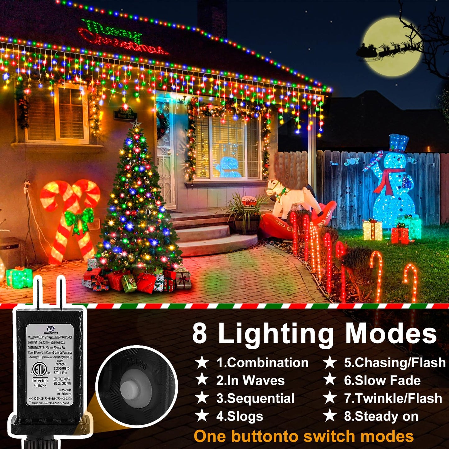 Heceltt Christmas Lights Outdoor 1280 LED 131FT Multicolor Ice String Lights with Timer, Clear Wire, 8 Modes, Model BG-CL3M3-306L01