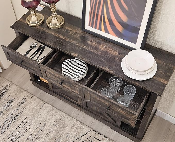 Kmax Farmhouse Wine Bar Cabinet w, 54” Buffet Cabinet with Storage, Rustic White Coffee Bar Cabinet with Sliding Barn Doors, Wine/Glass Rack for Living, Dining Room, Black