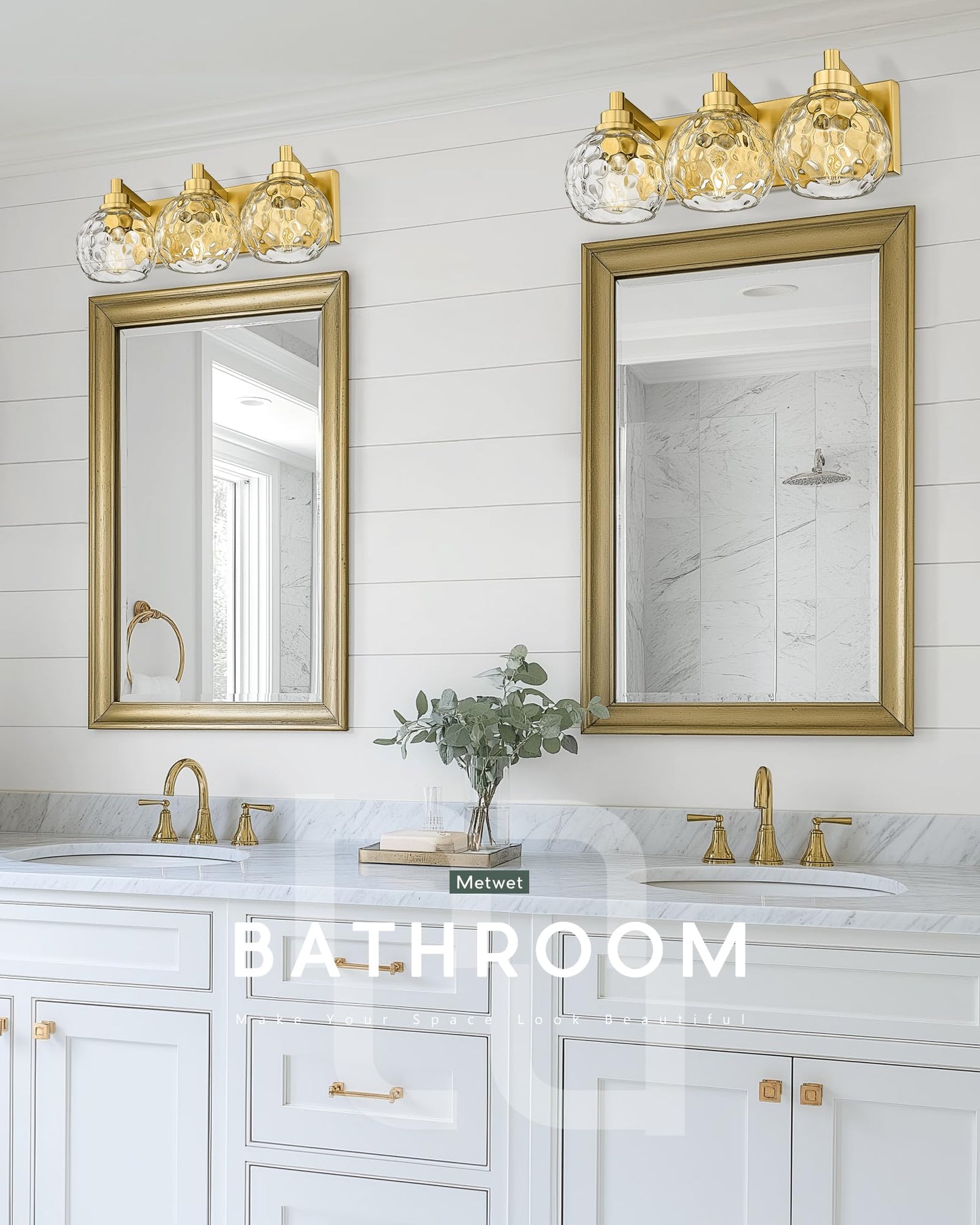 Metwet Bathroom Light Fixtures Over Mirror  3-Light Brushed Gold Vanity Light With Clear Hammered Glass Globe Shade  Modern Sconces Wall Lighting Bedroom Hallway  Vl200-Bg-3