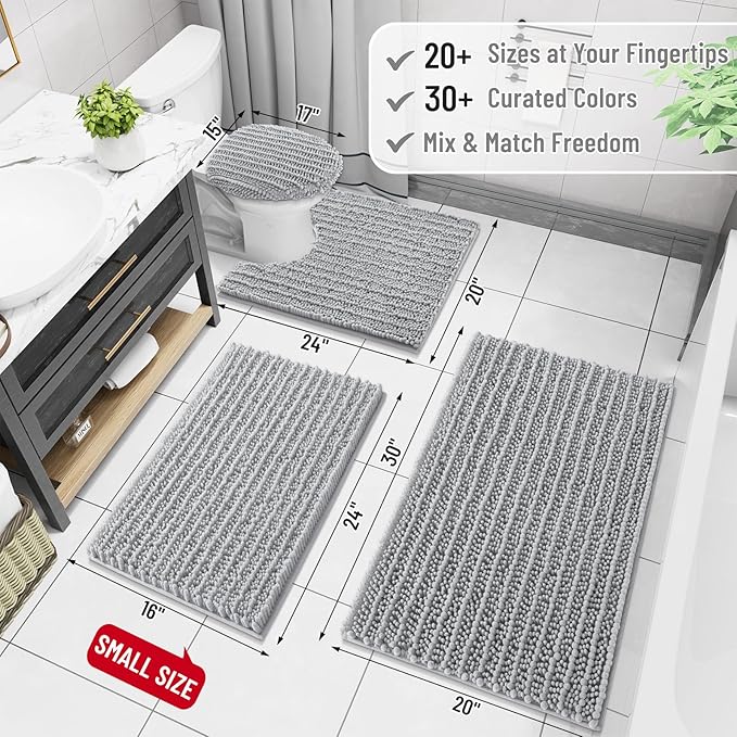 Arotive Luxury Chenille Bathroom Rug Mat, Extra Soft Thick Absorbent Shaggy Bath Rugs, Non-Slip Machine Wash Dry, Plush Bath Mats for Bathroom, Shower and Tub, 30x20, Light Grey