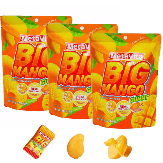 (3 Packs) MetaVita - Big Mango Gummy Candy - Individually Wrapped Peelable Mango Gummies with Real Puree - Chewy, Gluten-Free -